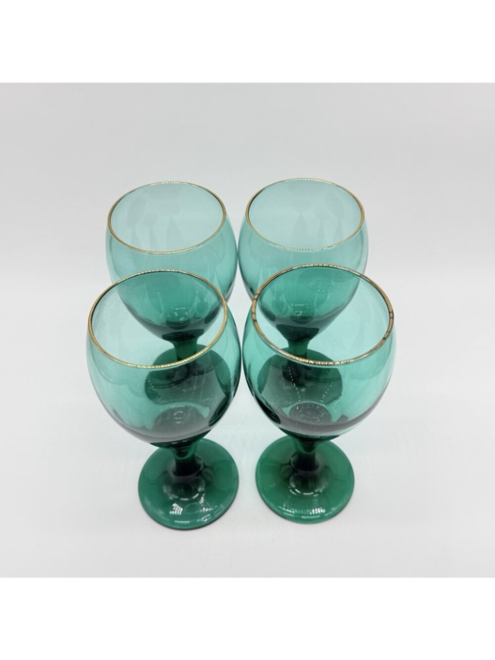 Vintage Set Of 4 Libbey Glass Juniper Green Teardrop Water Wine Goblets Gold Rim - Picture 4 of 8